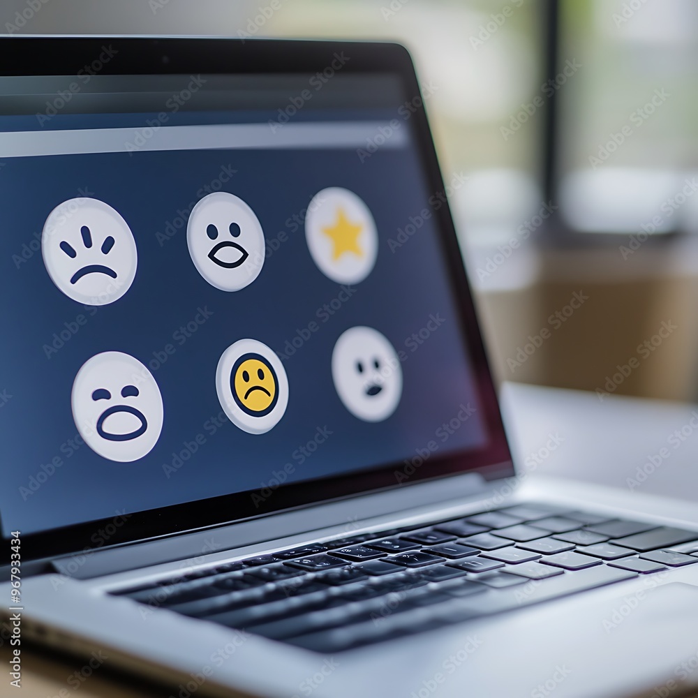 Poster Emotion Feedback Concept - Close-up of a Sad Face Icon on Laptop Screen with Dissatisfied Cursor Pointer in Blurred Workspace Background