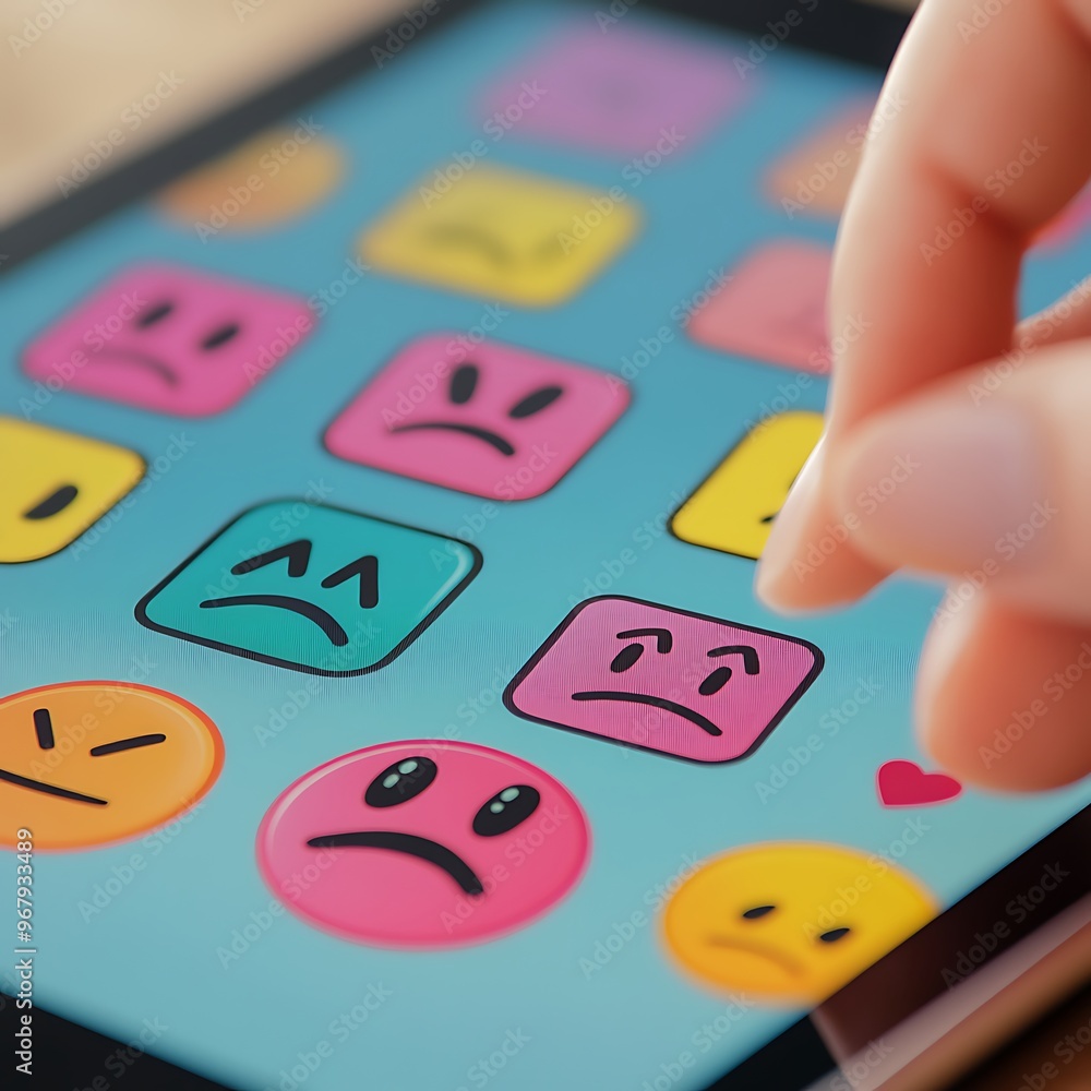 Poster interactive user feedback concept with disappointed review icon on tablet screen and digital texture
