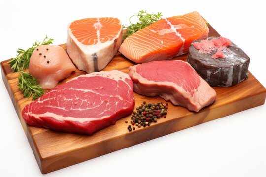 Assorted raw meats and fish displayed on a wooden cutting board in a bright kitchen