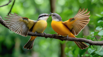 Two Kiskadees are pecking at each other on a branch, chirping in an open green forest on a sunny afternoon, surrounded by bright greenery and golden sunlight.