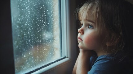 A child sitting by a window on a rainy day, gazing outside sadly.