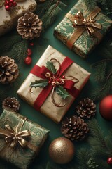 top view scene featuring elegantly wrapped gift boxes with luxurious gold and red wrapping paper