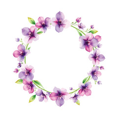 Wreaths, floral frames, watercolor flowers purple, Illustration hand painted. Isolated on white background. Perfectly for greeting card design., Floral frame with watercolor tropical leaves