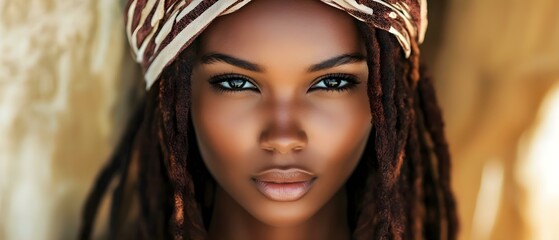 Obraz premium African woman with dreadlocks and headscarf looking at camera with intensity. Concept Portrait Focus, Dreadlocks Styling, Cultural Representation, Intense Gaze, Fashion and Identity