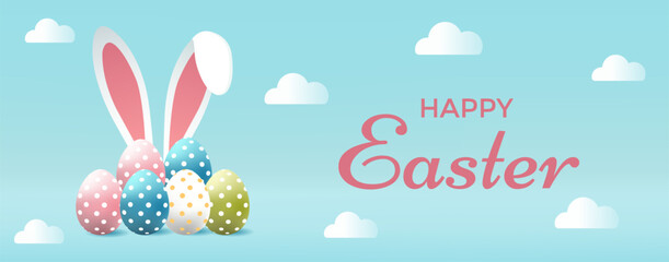 Easter banner design with eggs, clouds and bunny ear
