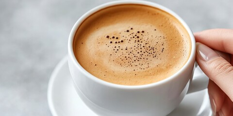 Top-Down View of Hand Holding Coffee Cup on Light Background