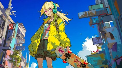 Anime Girl With Skateboard - Powered by Adobe
