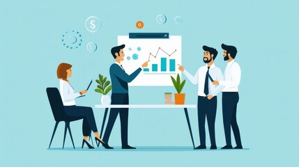 Fototapeta premium A businessman presents a detailed business plan to a group of executives, pointing at a projected chart displaying growth goals., flat design illustration