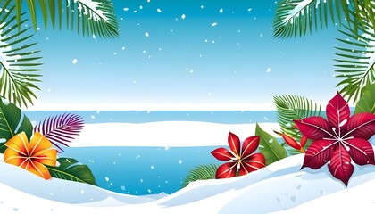An HD illustration for wintertime holiday with tropical palm leaves and vibrant flowers against a snow-white background.ideal for a banner,invitation cards or decorations 