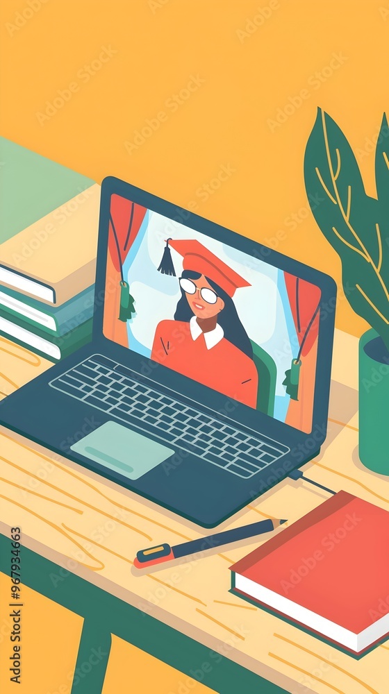 Poster student attending a virtual classroom on laptop highlighting the accessibility and flexibility of on