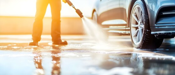 Car detailer using pressure washer to clean car exterior in sunlight. Concept Car Detailing Techniques, Pressure Washing Tips, Sunlight Cleaning Challenges, Exterior Care, Automotive Maintenance