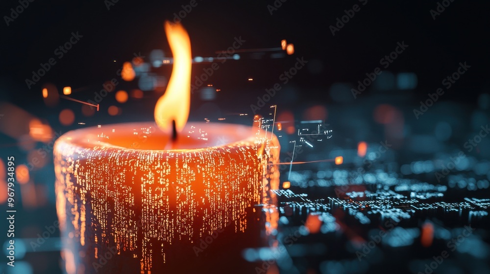 Poster a candle burning at both ends, melting rapidly with fragmented digital codes and abstract timepieces