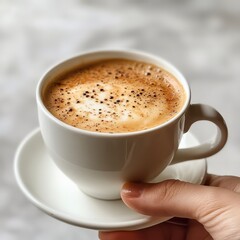 Fototapeta premium Top-Down View of Hand Holding Coffee Cup on Light Background