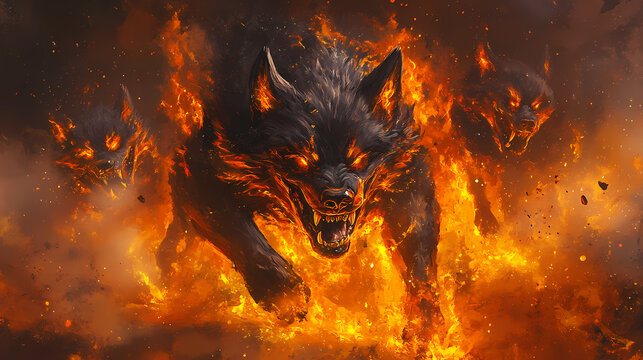 Hell hound: fiery guardian of the shadow realm fantasy wallpaper. Cerberus. Illustration
