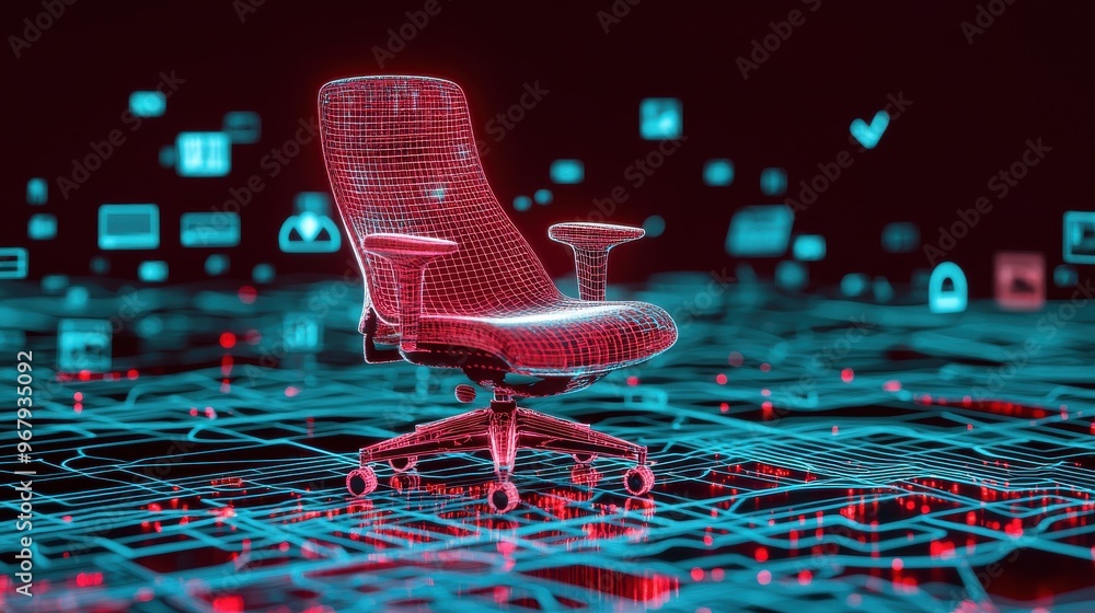 Poster a chair and desk in the middle of a virtual grid, surrounded by floating data streams and digital ic
