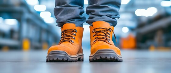 Detailed view of factory workers' lower body wearing safety footwear. Concept Factory Safety Gear, Protective Footwear, Work Environment, Importance of Safety, Workers' Attire