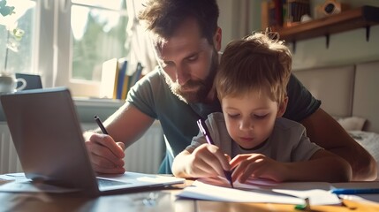 Father Assisting Son with Homework on Digital Devices Supportive Blended Learning at Home