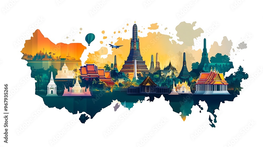 Poster minimalist vector map of thailand with famous monument icon in high resolution logo format on white 