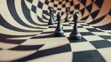 A chessboard with pieces moving in an abstract, spiral pattern, strategic decisions and moves made during corporate restructuring