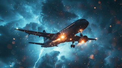 Obraz premium Lightning strikes near a commercial aircraft flying through a heavy storm
