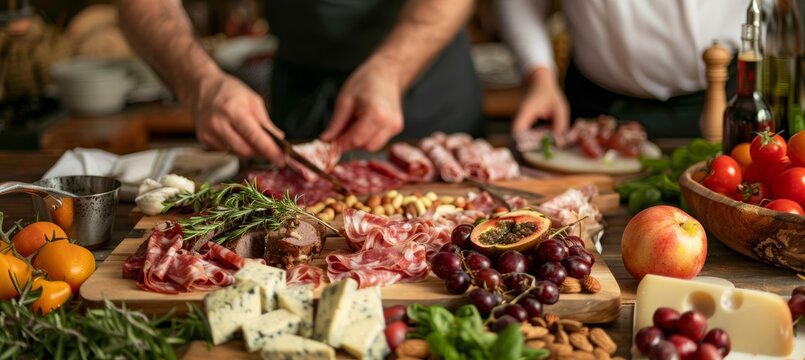 Friends Enjoying Cooking Class Learning to Make Charcuterie Boards for Parties and Gatherings