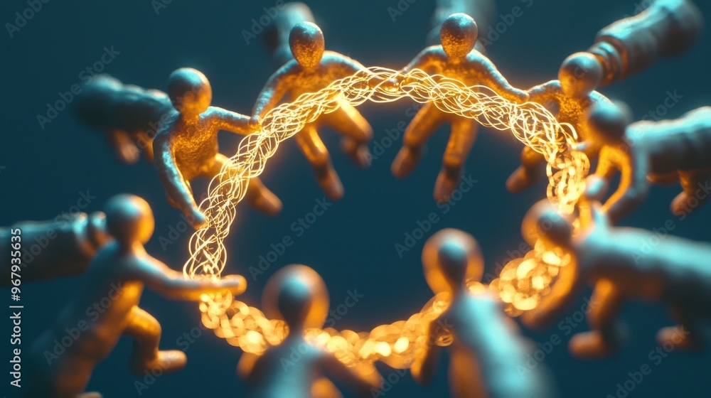 Poster a circle of abstract figures passing glowing energy between each other, representing the continuous 
