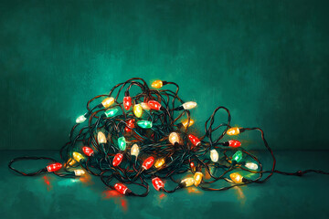 Tangled set of holiday string lights on the floor