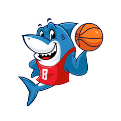 Cartoon shark basketball player mascot logo for sports team or brand.