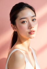 Beautiful Asian woman healthy skin care female portrait lady cosmetic beauty model face close up eyes nose lips perfect make up foundation spa treatment pink background
