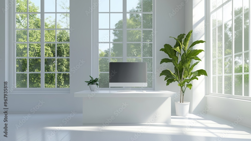 Poster modern office workspace with a computer and greenery in bright sunlight during the day