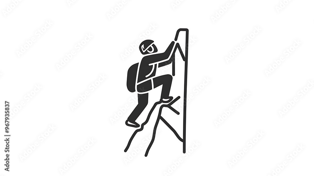 Poster minimalist linear vector climbing icon with gear and rock face on white background | high-resolution