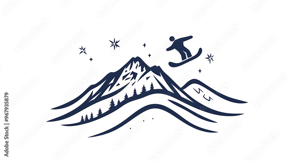 Poster minimalist snowboarding icon with snowboard and mountains in linear vector style on white background