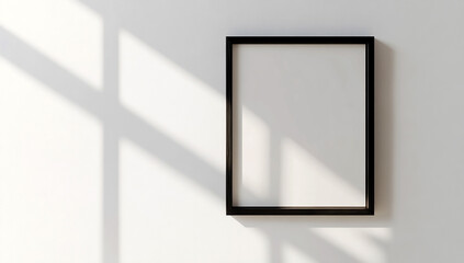 black frame mockup hanging on a white wall. Realistic black picture or poster in a thin wooden frame with shadows and reflections
