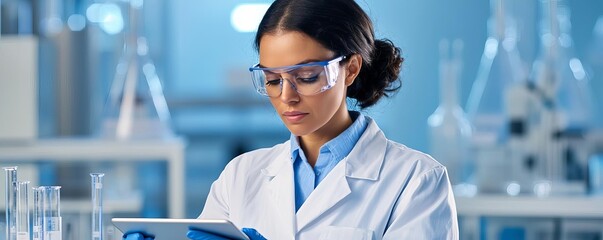 Chemist analyzing data on a digital tablet, advanced lab setting, research and innovation, blue tones, professional environment, serious expression, side view