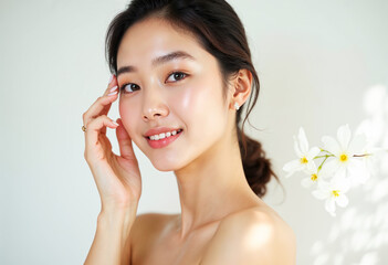 Beautiful Asian Woman With Healthy Clean Skin Touching Her Face Wellness Beauty And Skincare Concept