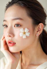 Fototapeta premium Beautiful Asian woman with white flower on face skincare cosmetics beauty portrait natural makeup glow skin healthy fresh pure soft girl female model young spa wellness treatment