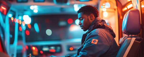 Afro paramedic in uniform works in ambulance during a night shift, panorama banner. Generative AI.