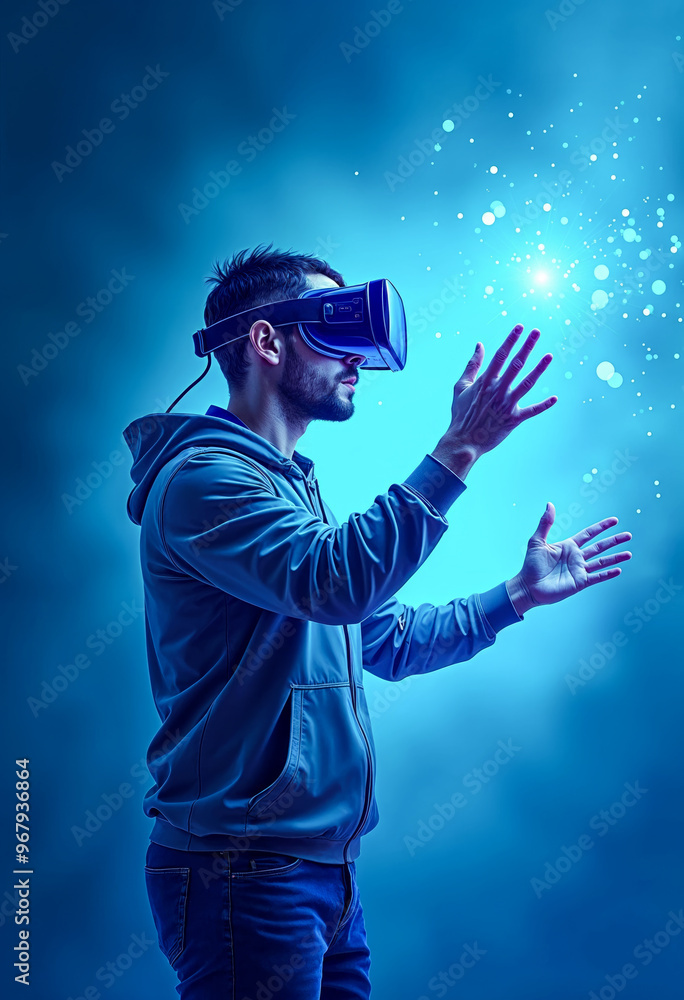 Aufkleber man using virtual reality glasses interacting with digital interface metaverse technology concept