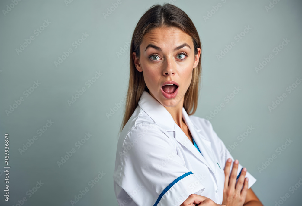 Wall mural Shocked female doctor in lab coat looking surprised with arms crossed against solid background healthcare professional medical expert astonishment amazement unexpected news medical discovery health