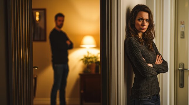 A jealous wife standing in the doorway, arms crossed, as her husband arrives home late.