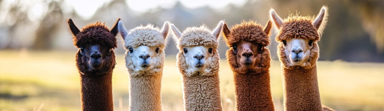 a banner size photo of five alpaca heads