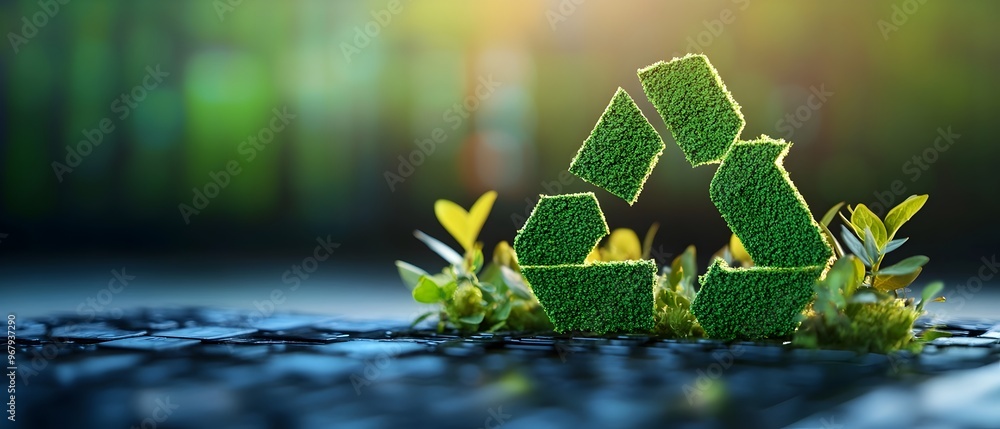 Poster recycling icon made of green leaves representing lean management practices and the optimization impe