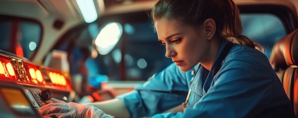 Obraz premium European paramedic in uniform works in ambulance during a night shift, panorama banner. Generative AI.