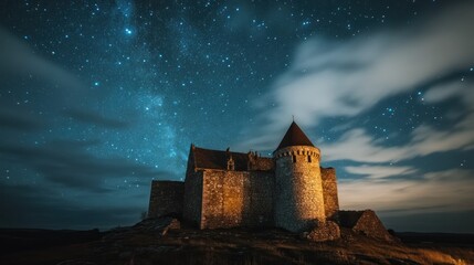 A majestic castle under a starry night sky, showcasing historical architecture and beauty.