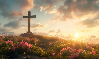 The cross on the hill with sunset sky background.
