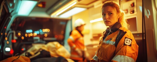 Fototapeta premium European paramedic in uniform works in ambulance during a night shift, panorama banner. Generative AI.