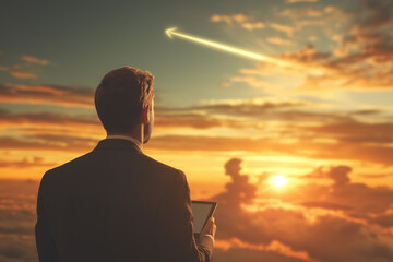 Fototapeta premium Business concept. Successful career takeoff. Growing Profitable investment . Businessman considering options with arrows pointing. Concept of decision making and direction.