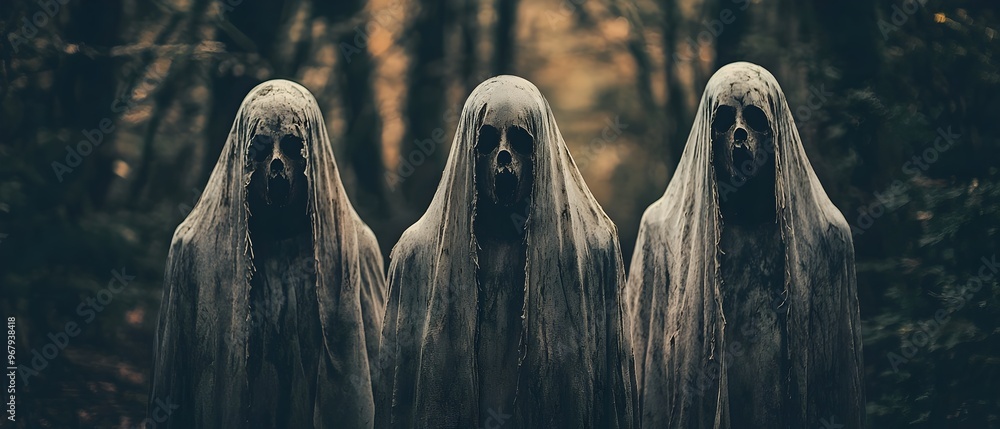 Poster haunting apparitions materializing in the misty supernatural atmosphere of the foreboding forest mys