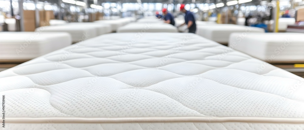 Aufkleber rows of white mattresses in a factory with workers laboring in background. concept mattress manufact