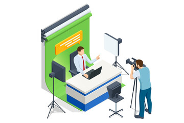 Isometric TV studio. NEWS studio with light equipment ready for recordind release.